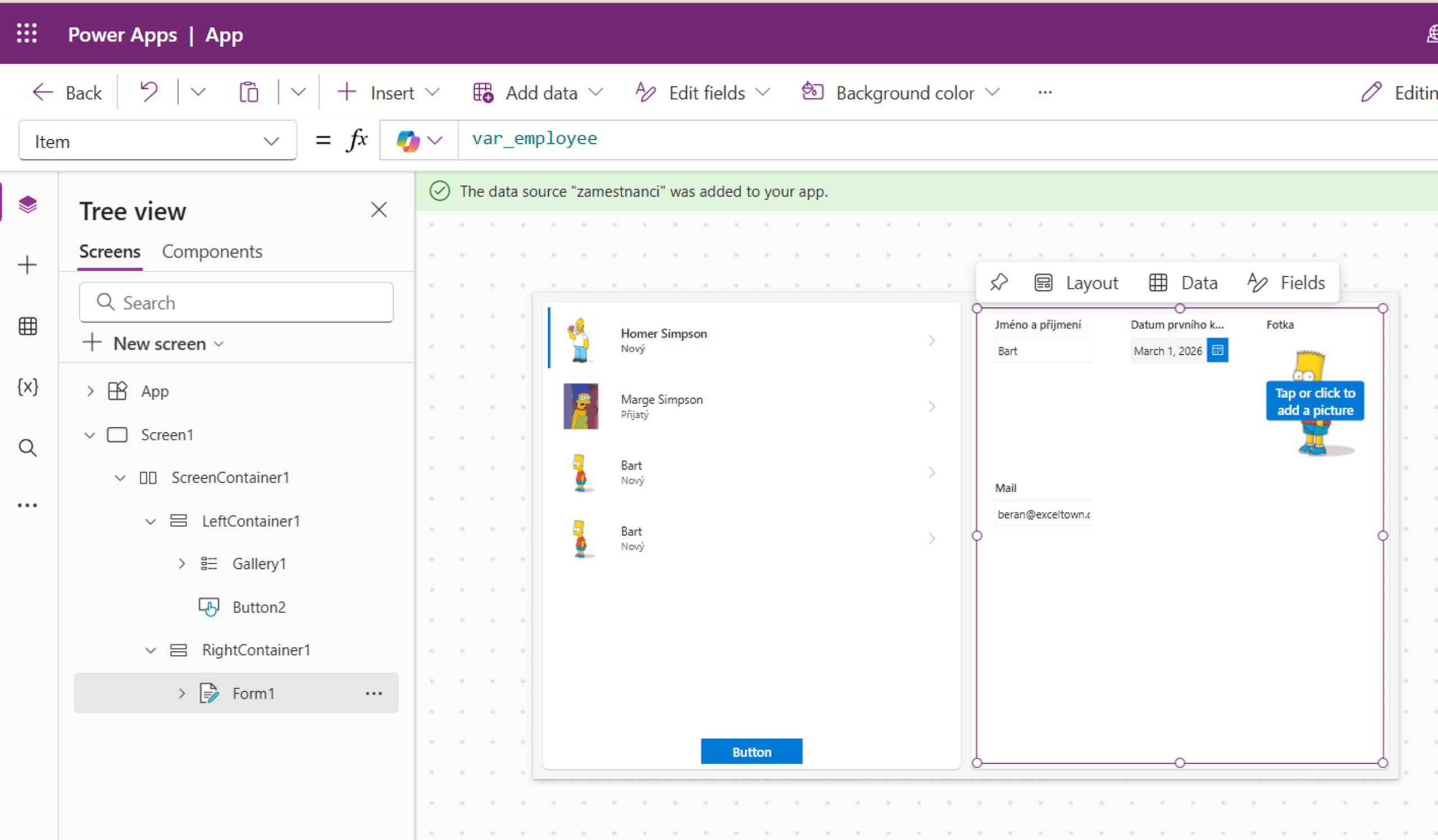 Power Apps – řádek tabulky v proměnné